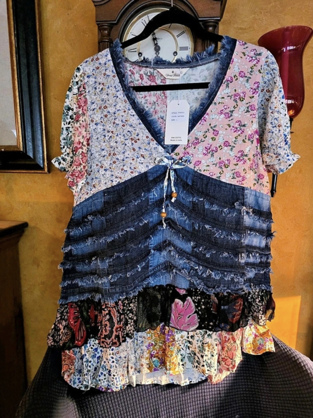 NWT Young Threads Boho Top With Denim Ruffles Large